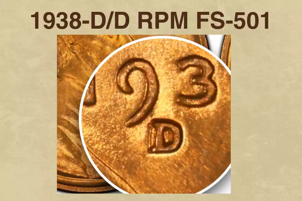 1938-D/D repunched mint mark close-up showing double D impression on 1938 Denver wheat penny