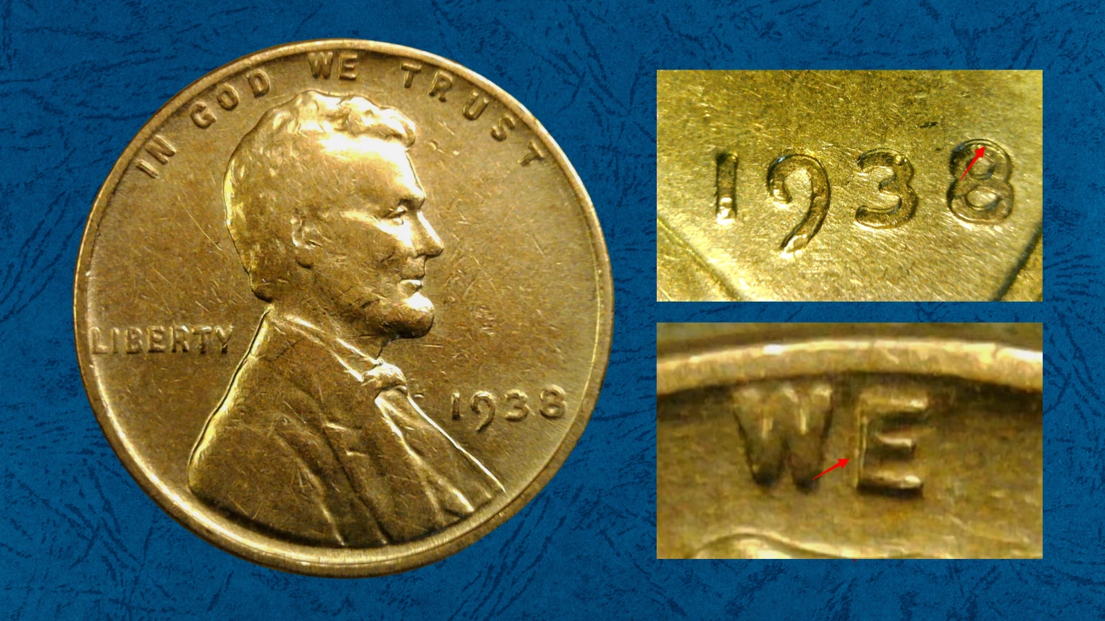 1938 wheat penny BIE die break error showing small I-shaped crack between B and E in LIBERTY