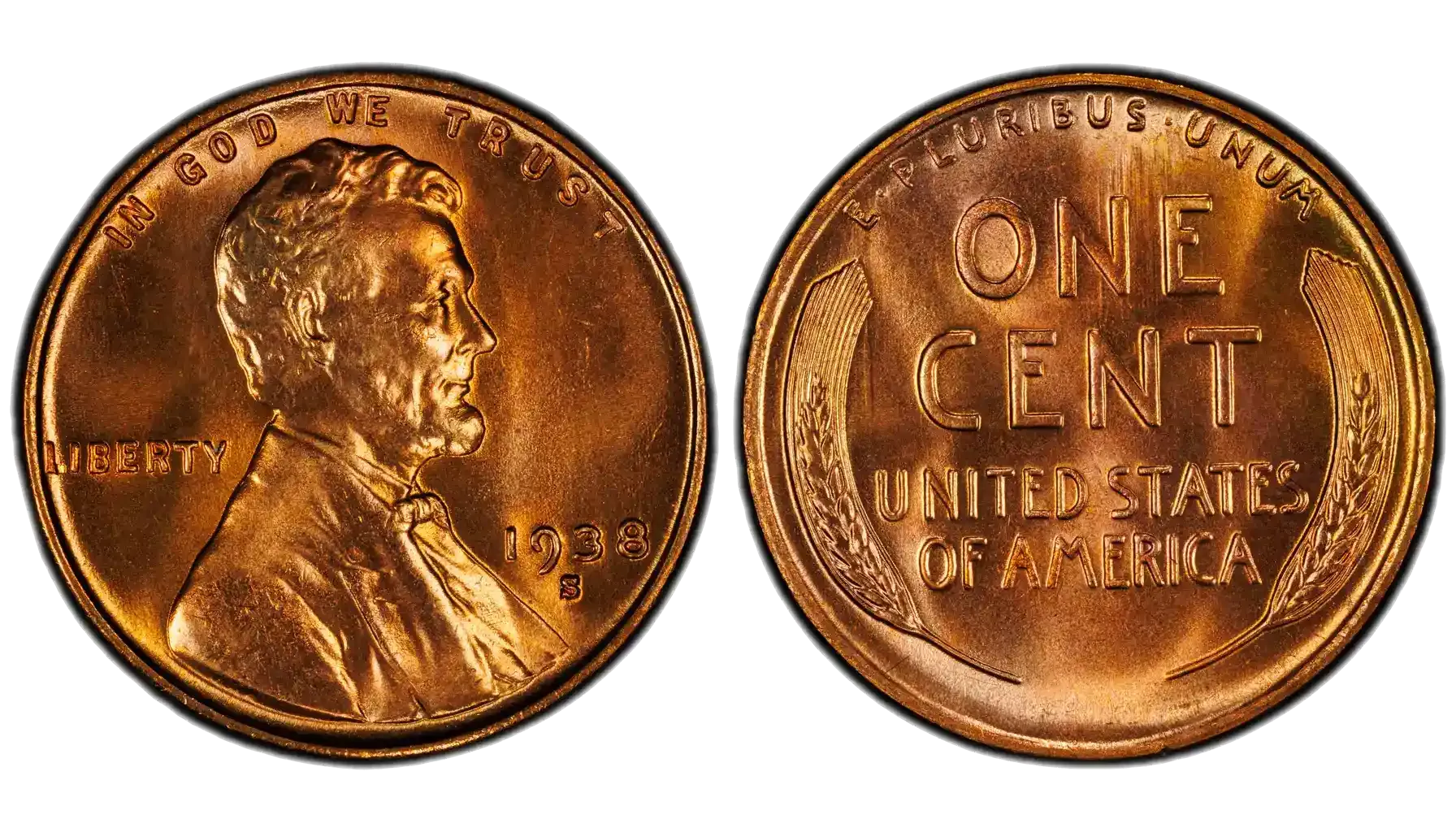 1938 wheat penny mintage overview showing Philadelphia Denver and San Francisco mint examples together